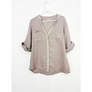 Bohabille Paris Tan 100% Linen Sequin Trim Tab Sleeve  Button Up Shirt